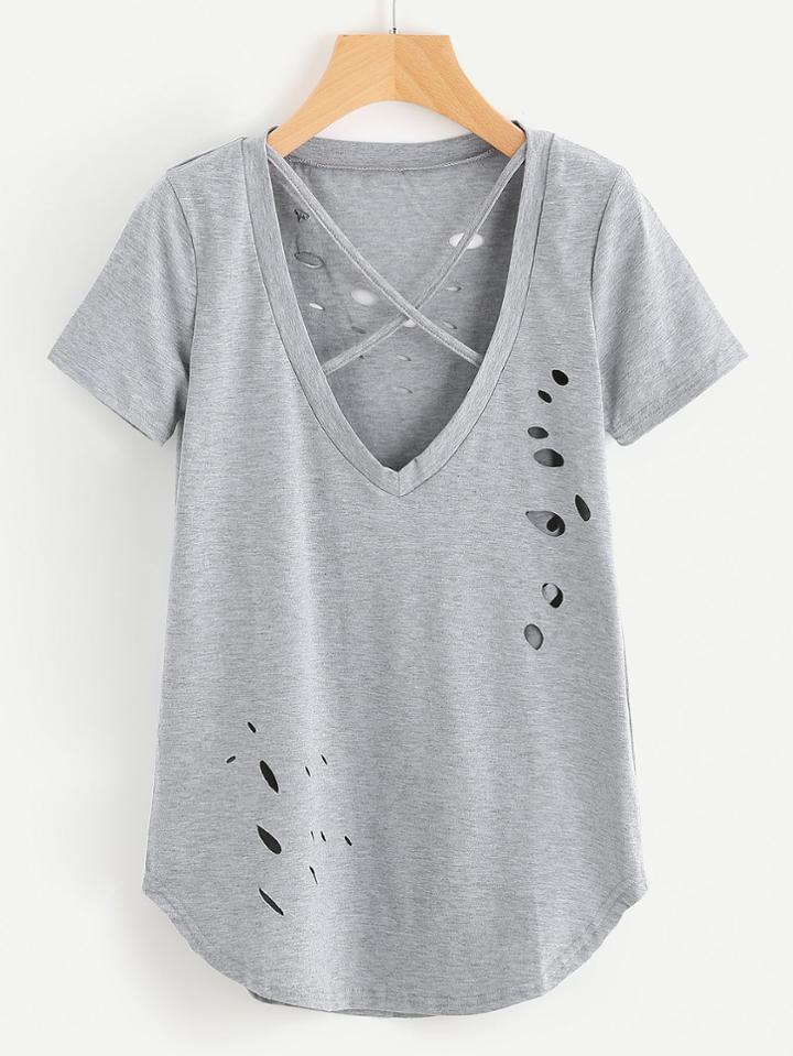 Shein Plunge Criss Cross Distressed Tee