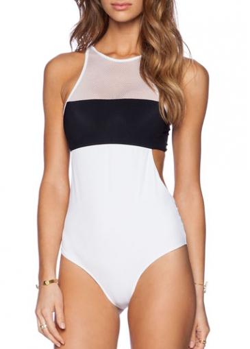 Rosewe Black And White Gauze Splicing Hollow Waist Monokini