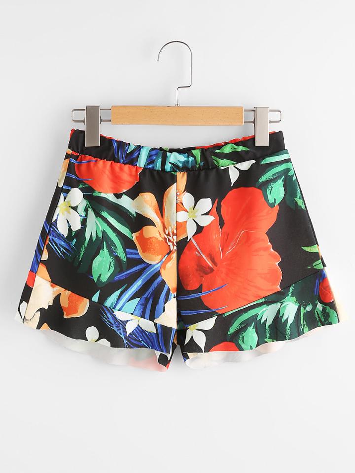 Shein Random Tropical Print Frill Hem Shorts