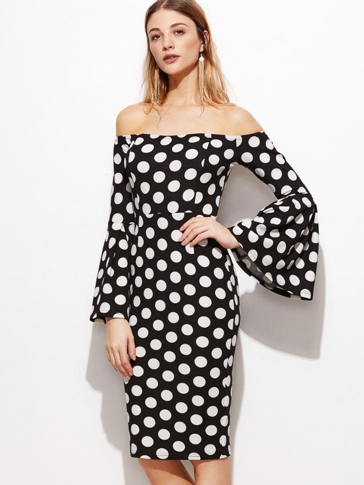 Shein Black Polka Dot Print Off The Shoulder Bell Sleeve Dress