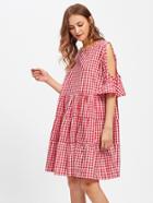 Shein Open Shoulder Frill Cuff Tiered Peasant Gingham Dress