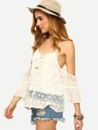 Shein Cold Shoulder Lace Trimmed Lace-up Top - White