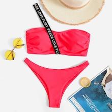 Shein One Shoulder Letter Tape Bikini Set