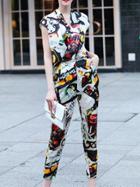 Shein Multicolor V Neck Print Top With Pockets Pants