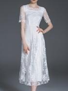 Shein White Boat Neck Sheer Gauze Embroidered Dress