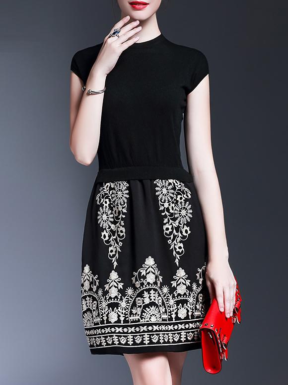 Shein Black Knit Embroidered Combo Dress