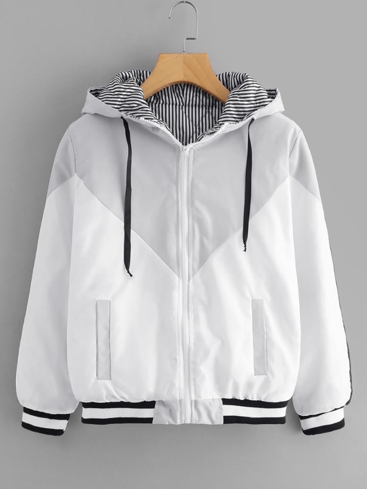 Shein Striped Trim Cut And Sew Hooded Coat