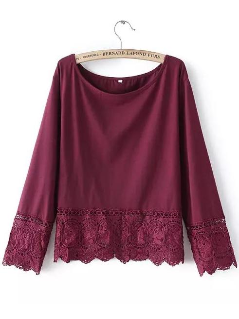 Shein Burgundy Round Neck Lace Loose Blouse
