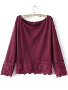 Shein Burgundy Round Neck Lace Loose Blouse