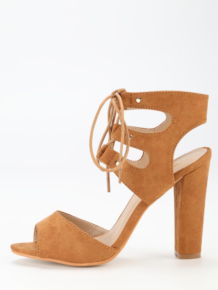 Shein Tan Faux Suede Lace Up Block Heel Sandals