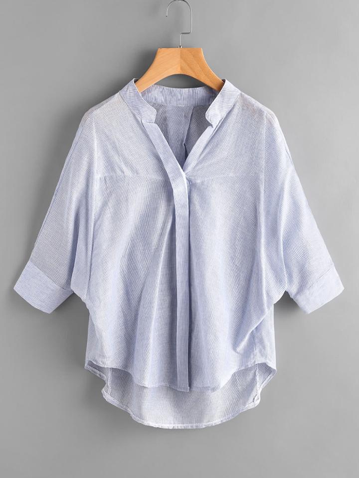 Shein Stand Collar Pinstripe Dip Hem Blouse