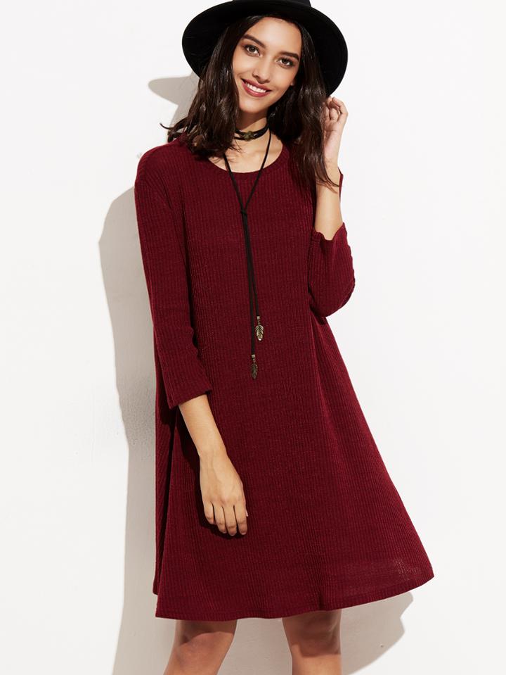 Shein Burgundy 3/4 Sleeve Ribbed Swing Dress