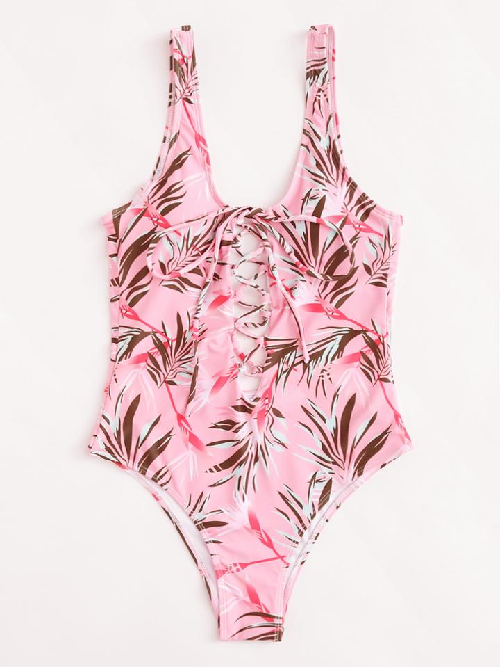 Shein Leaf Print Lace Up Backless Swimsuit