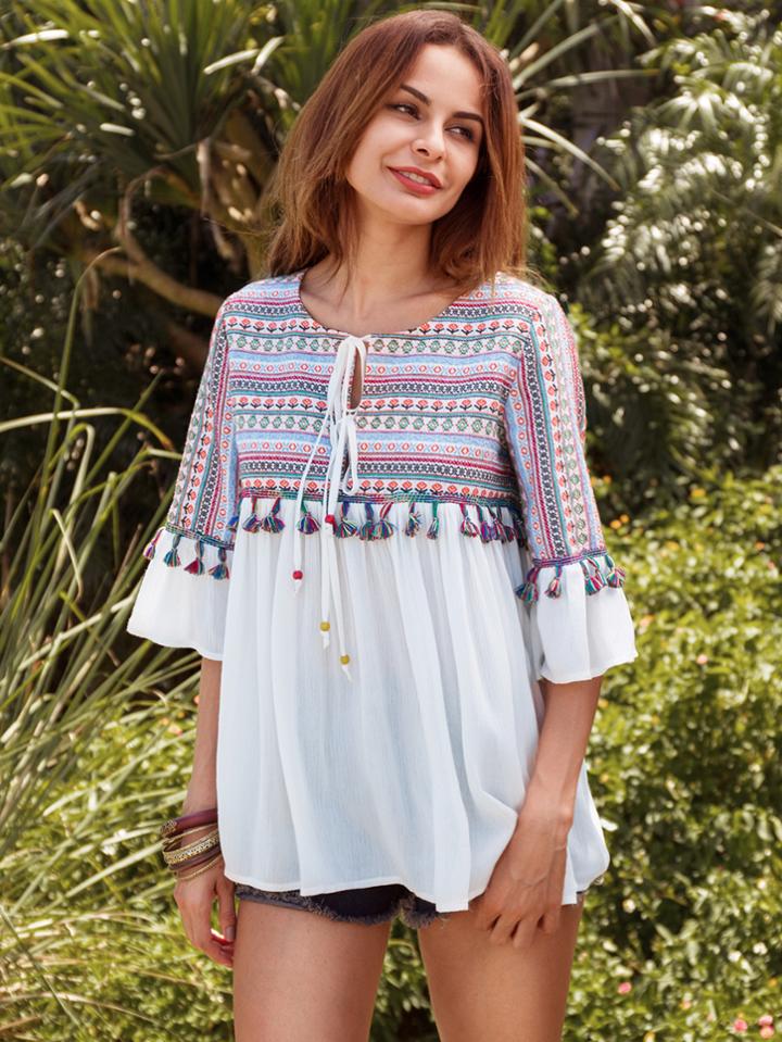 Shein Embroidered Tassel Trim Tie Bell Sleeve Blouse