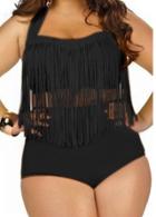 Shein Black Halter High Waist Fringe Plus Swimwear