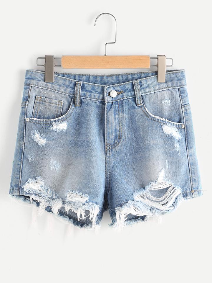 Shein Stone Wash Flower Embroidered Destroyed Denim Shorts