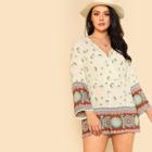 Shein Plus Floral Print Long Sleeve Wrap Romper