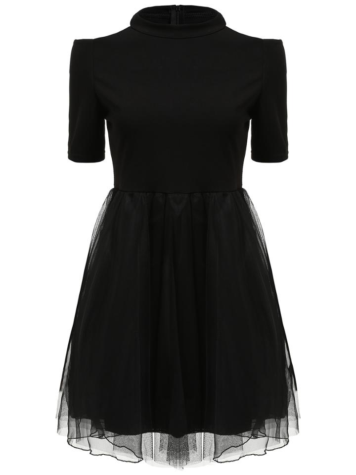 Shein Black Open Shoulder Mesh Flare Dress