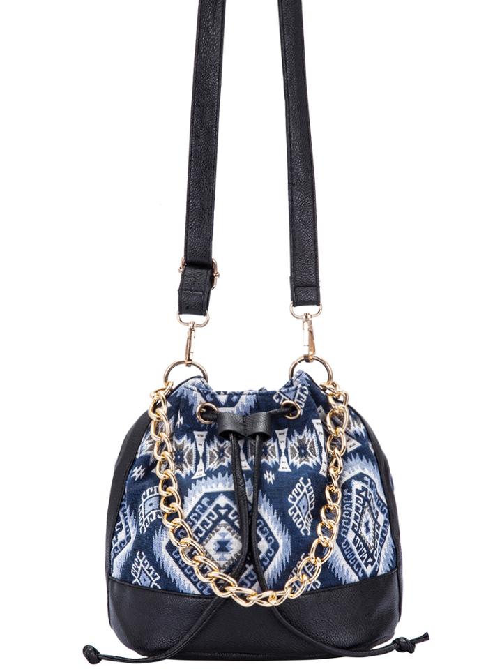 Shein Blue Drawstring Contrast Pu Random Geometric Print Chain Bucket Bag
