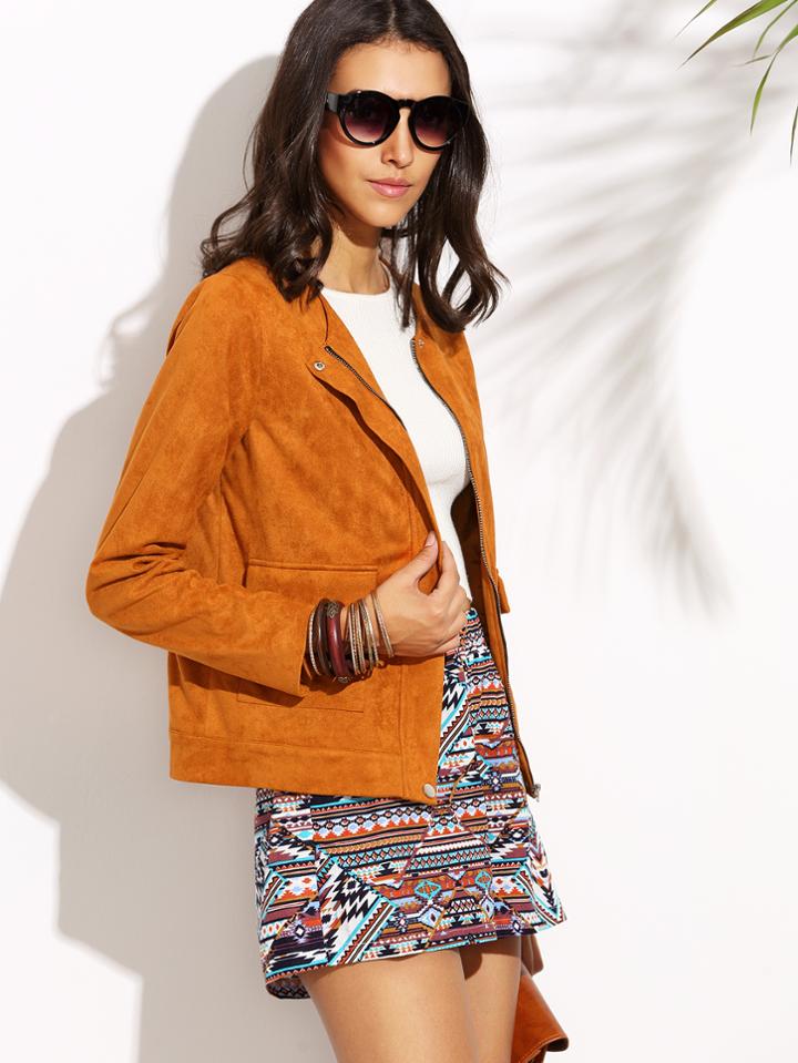 Shein Camel Faux Suede Collarless Zip Up Jacket