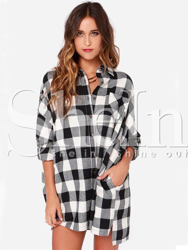 Shein Grey Long Sleeve Plaid Windowpane Loose Blouse