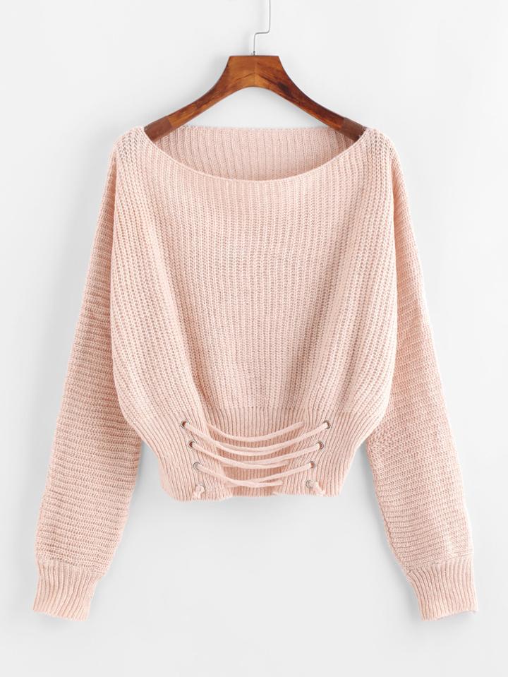 Shein Grommet Lace Up Hem Textured Jumper