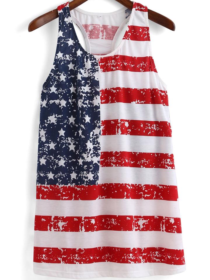 Shein Red Blue Striped Stars Print Tank Top