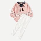Shein Girls Embroidered Tape Fringe Detail Florals Top With Leggings