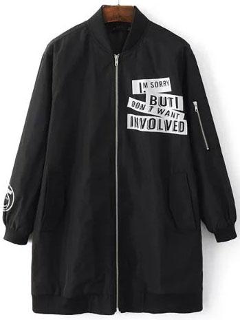 Shein Black Letter Print Zipper Up Longline Bomber Jacket