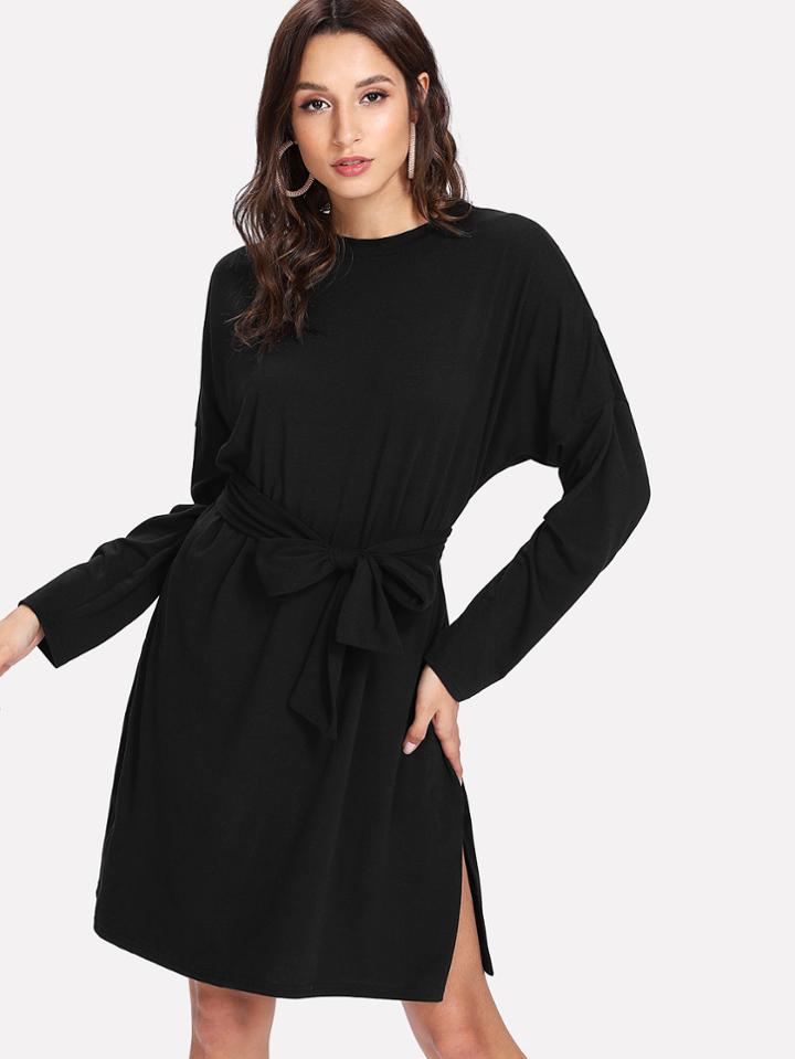 Shein Drop Shoulder Slit Side Belted Dress