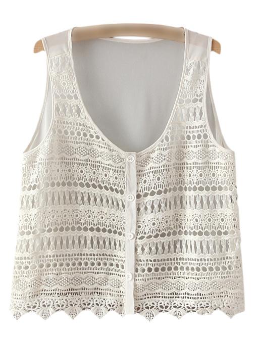 Shein Beige Buttons Front Hollow Crochet Splicing Tank Top