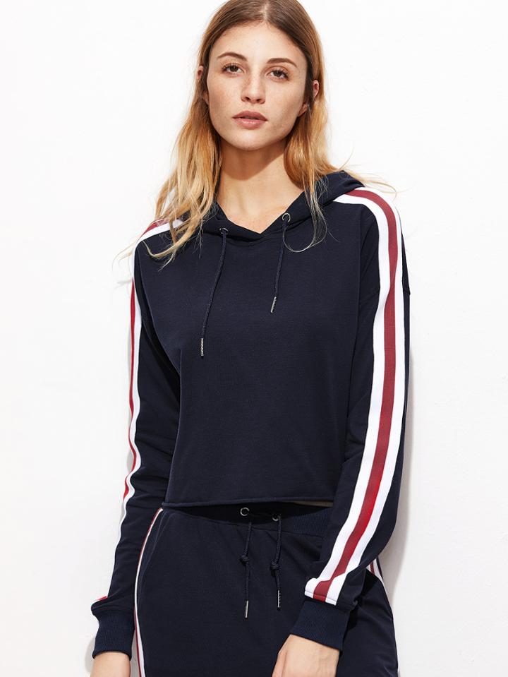 Shein Navy Striped Sideseam Raw Hem Hoodie