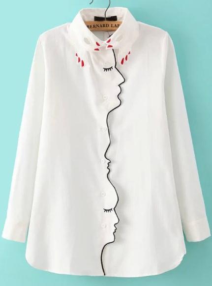 Shein White Long Sleeve Hand Collar Embroidered Blouse