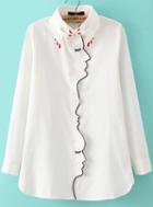Shein White Long Sleeve Hand Collar Embroidered Blouse