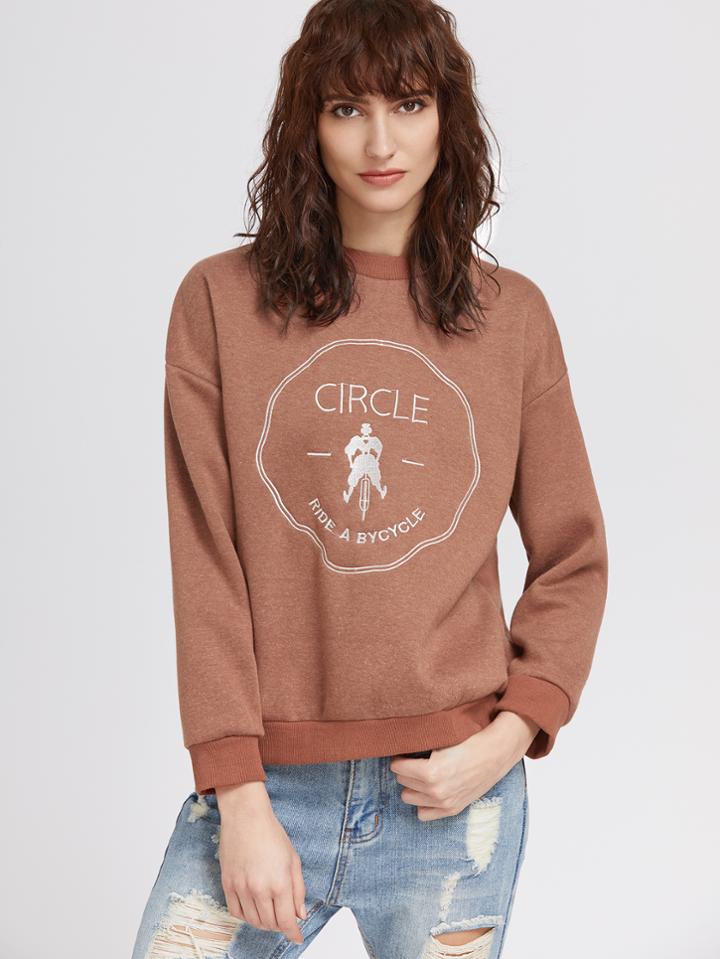 Shein Camel Drop Shoulder Embroidered Sweatshirt
