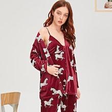Shein Zebra Print Velvet Cami Pajama Set With Robe