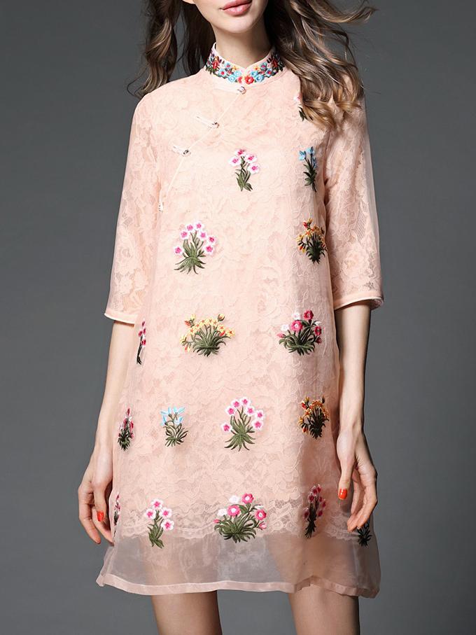 Shein Apricot Collar Organza Embroidered Shift Dress
