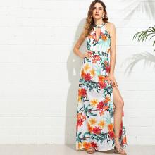 Shein V Cut Choker Floral Halter Dress