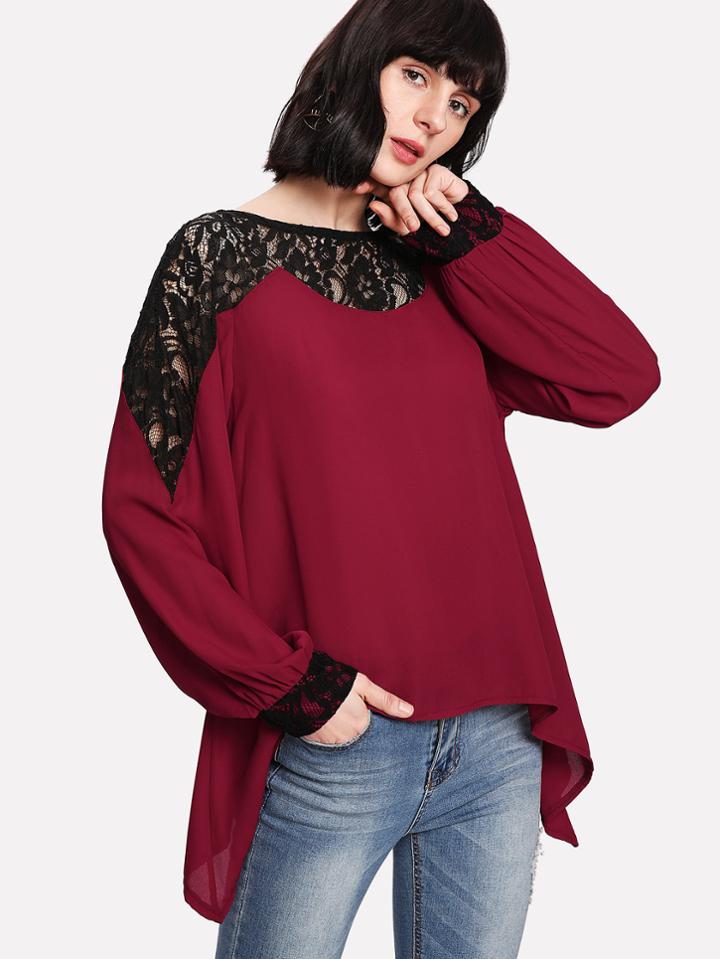 Shein Contrast Lace Asymmetric Hem Blouse