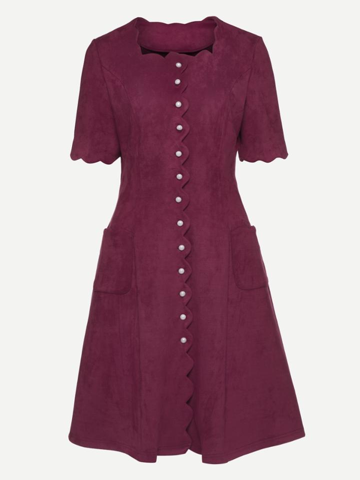 Shein Scalloped Trim Button Front Velvet Dress