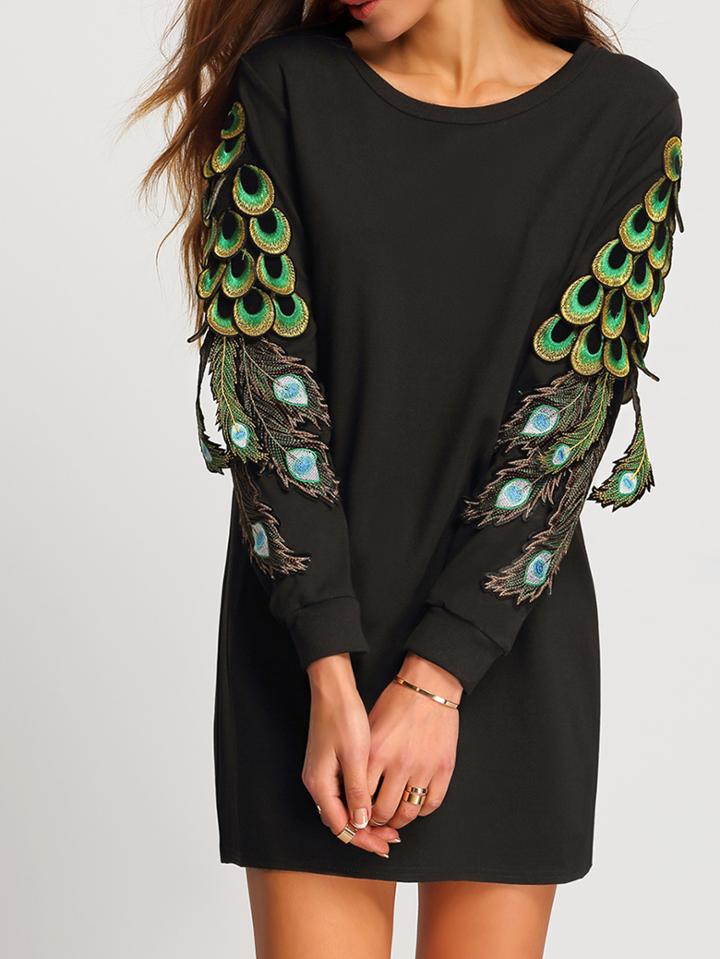 Shein Black Round Neck Peacock Tail Embellished Dress