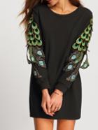 Shein Black Round Neck Peacock Tail Embellished Dress