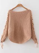 Shein Khaki Ribbed Lace Up Sleeve Loose Sweater