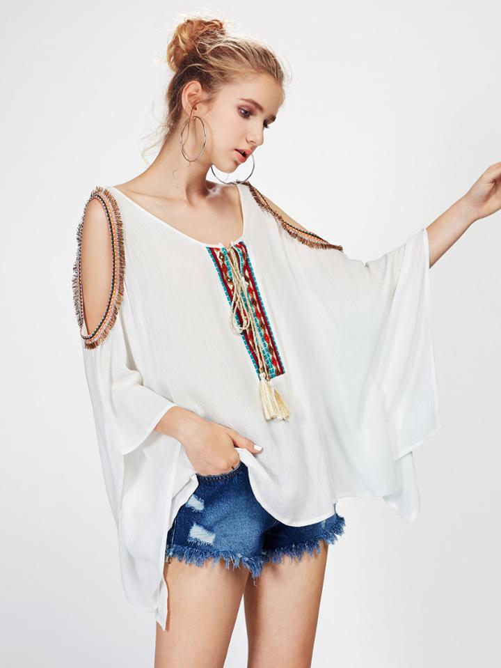 Shein Open Shoulder Tassel Tie Top