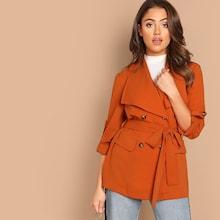 Shein Roll Up Sleeve Double Breasted Coat With Belt