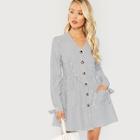 Shein Button & Pocket V-neck Striped Dress
