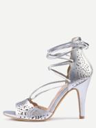 Shein Laser-cut Lace-up Peep Toe D'orsay Pumps - Silver