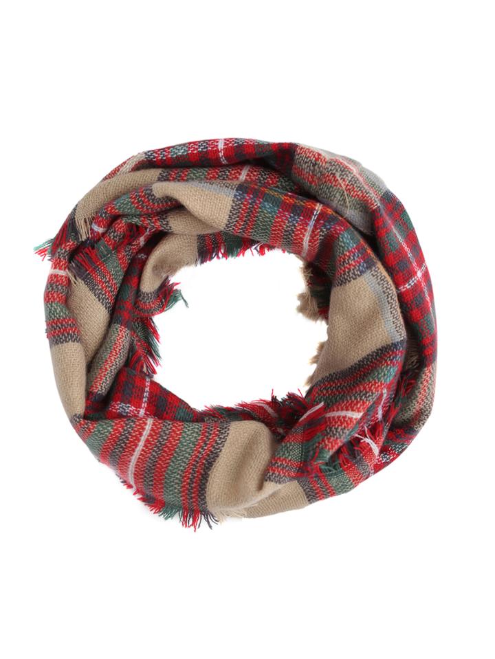 Shein Khaki And Red Plaid Eyelash Fringe Shawl Scarf