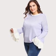 Shein Plus Contrast Ruffle Cuff Drop Shoulder Jumper