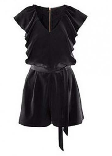 Rosewe Summer Essential V Neck Cap Sleeve Black Rompers With Zip